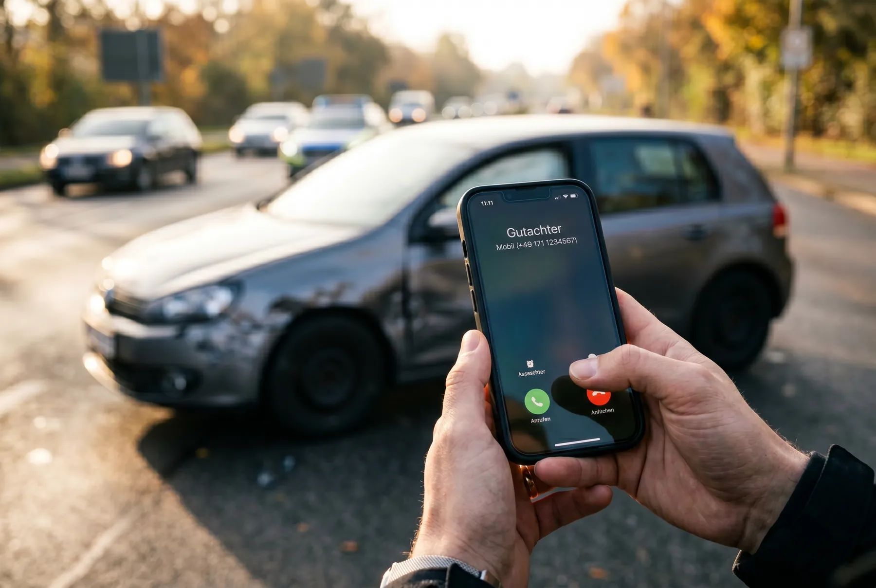 Hand mit Smartphone, im Hintergrund ein beschädigtes Fahrzeug
