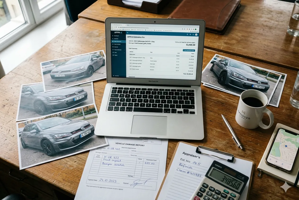 Schreibtisch mit Laptop, Schadensfotos und Messwerkzeug